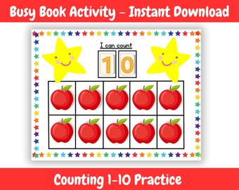 May include: A printable busy book activity for kids to practice counting 1-10. The page features a grid of red apples and a yellow star with a smiley face. The text "I can count 10" is at the top of the page. The page is surrounded by a border of colorful stars.