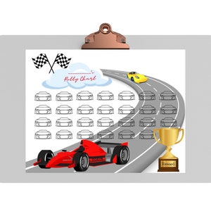 May include: A gray clipboard with a red race car, a yellow car, and a gold trophy. The clipboard has a white background with a black and white checkered flag, a cloud with the text "Potty Chart", and a gray racetrack with 25 gray cars. The text "Reward" is below the trophy.