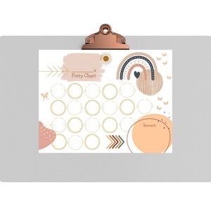 May include: A printable potty chart with a rainbow, sun, and arrows. The chart has 25 circles for marking potty training progress. The text "Potty Chart" is at the top of the chart.