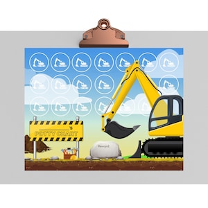 May include: A yellow construction vehicle excavator with a black cab and a black bucket. The excavator is digging into a rock. The background is a blue sky with white clouds. There are 18 white excavator icons in circles on the blue sky. A yellow and black sign reads "Potty Chart's".