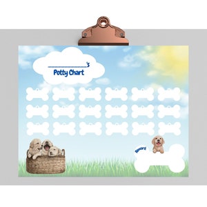 May include: A potty chart for puppies, featuring a blue sky background with clouds and grass. The chart includes bone-shaped spaces for tracking progress, a basket of puppies, and a reward section with a puppy illustration.