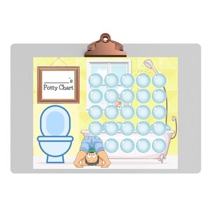May include: A blue and white toilet, a bathtub with bubbles, and a boy looking into the bathtub. A framed sign reads "___'s Potty Chart".