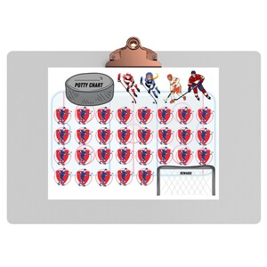 May include: A printable hockey-themed potty training chart with a red, white and blue colour scheme. The chart features a hockey puck, a hockey net and 36 hockey player stickers. The text "POTTY CHART" is written on the hockey puck.