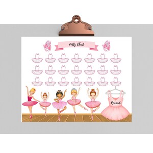 May include: A printable ballet-themed potty training chart with a pink tutu and a reward section. The chart features five ballerinas with different skin tones and hair colors.