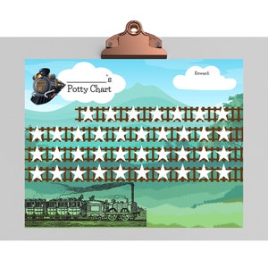 May include: A train-themed potty chart with a cartoon train engine and a row of white stars on a brown track. The chart has a space for a name and a reward section.