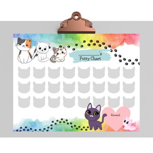 Peut inclure: Un fond aquarelle arc-en-ciel coloré avec des empreintes de pattes et trois chats de dessin animé. Un tableau blanc avec des contours de tête de chat gris pour un tableau d'apprentissage de la propreté. Le tableau dit "___'s Potty Chart" et a un cœur avec le mot "Récompense" dessus.