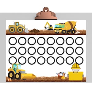 Puede incluir: Un gráfico de recompensas imprimible con temática de construcción con 30 círculos para colorear. El gráfico presenta una excavadora amarilla, una excavadora amarilla, una mezcladora de cemento amarilla y un trabajador de la construcción. El texto "Recompensa:" está en la parte inferior del gráfico.