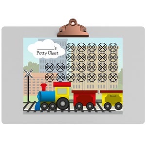 May include: A printable potty training chart featuring a cartoon train with a blue and yellow engine, a red boxcar, and a yellow caboose. The chart has a space for a name and 40 train crossing signs to mark progress.