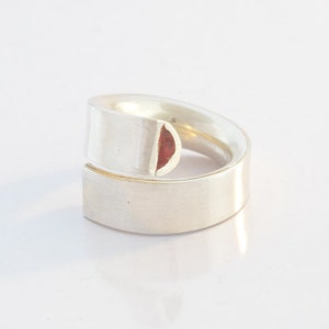 Red choral ring. Silver ring. Spiral ring. Elegant ring. Handmade jewellery. Contemporary jewelry. Designer jewelry. Statement ring.
