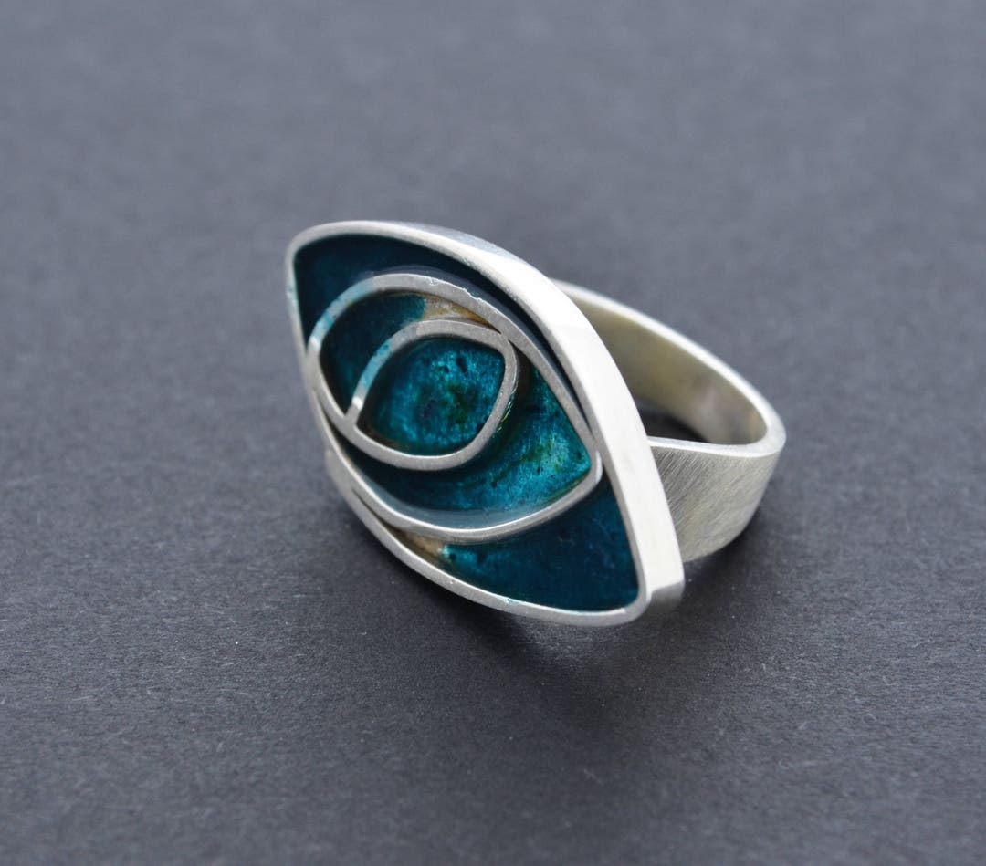 Bespoke Sea Blue Resin and Brushed Silver Statement Ring. Dark - Etsy