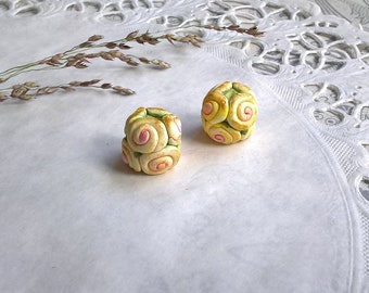 Handmade polymer clay rose beads, Rustic beads with roses earring pair, jewelry components, jewelry supplies, Artisan,