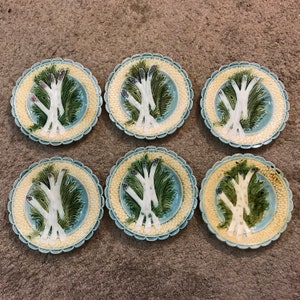 Lot of 6 French Majolica Pottery Asparagus Plates