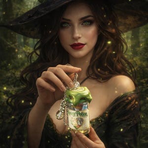 Puede incluir: Un pequeño colgante de frasco de vidrio con un corcho sellado con cera verde, una cadena plateada y una etiqueta con el texto Honey Potion. El frasco contiene un líquido y es sostenido por una figura con un sombrero oscuro de ala ancha.
