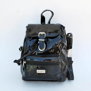 Glossy Vinyl bag bucket black vegan purse back pack small tiny purse pouch shoulder faux bag drawstring backpack vintage rock gothic wear