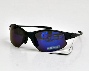 Sport Sonnenbrille mit blau verspiegelten Gläsern – Retro futuristische Wickelbrille – Radsport Lauf Festival Sonnenbrille – Neuer Matrix Rave