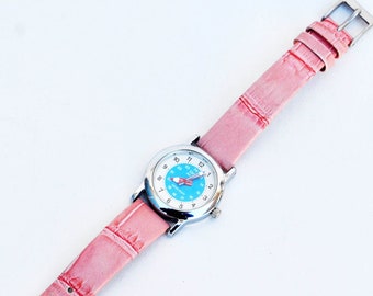 Damen Armbanduhr kleine Uhr Leder wasserdicht Quarzwerk Handuhr Retro Vintage 90s Pop Art rosa Pop Uhr Buntstift Druck Kinder