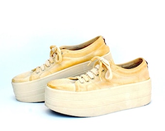 Vintage Platform Sneakers | Y2K Chunky Shoes | Cream Platform Trainers | 2000s Streetwear Sneakers size eu 40 us 9 uk 7