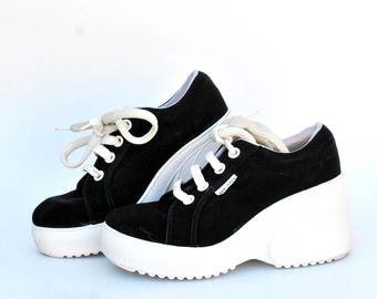 Vintage Platform Shoes Black & White | Y2K Chunky Wedge Sneakers | 2000s Retro Women Shoes size eu 37 uk 4 us 6