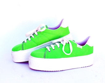 Vintage Neon Green Platform Sneakers Bright Y2K Chunky Lace Up Shoes size eu 39 us 8 uk 6