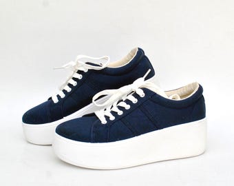 Navy Blue Platform Sneakers | Vintage Style Canvas Shoes | Minimal Platform Trainers | Retro Casual Footwear size eu 39 uk 6 us 8