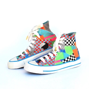 memphis Colorful High Top Sneakers – Patchwork Graphic Print – Y2K Streetwear Statement Shoes size eu 36 uk 3 us 5