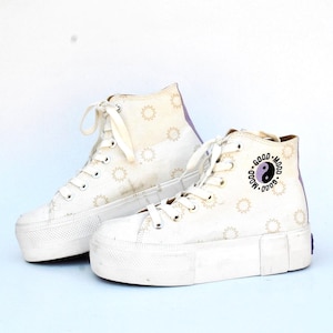 Platform High Top Sneakers – “Good Mood” Yin Yang Patch – Cream Canvas – Chunky Sole – Y2K Aesthetic Shoes