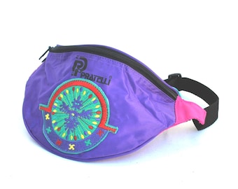 Vintage Purple Fanny Pack • 90s Waist Bag with Embroidery • Retro Nylon Bum Bag • Colorful Festival Belt Bag • Unisex