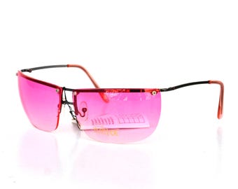 Vintage Pink Rimless Sunglasses, Y2K Futuristic Shield Shades, Retro 2000s Fashion Glasses