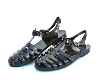 Vintage Black Jelly Sandals Glossy Strappy Summer Shoes Retro Style size eu 39 uk 7 us 9