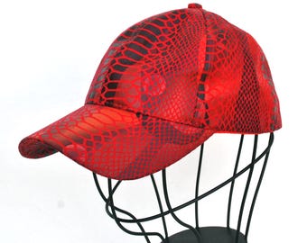 Y2K Red Snakeskin Baseball Cap, Edgy Streetwear Style