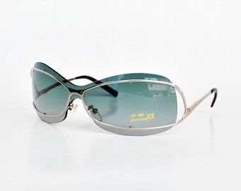 Vintage Y2K Shield Sonnenbrille Silberrahmen | 2000er Jahre Futuristische Brille | Unisex Retro Shades Grün Linse