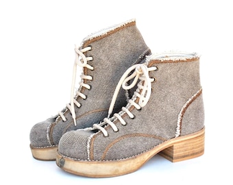 Vintage Lace-Up Ankle Boots | Neutral Canvas Boots with Block Heel | Retro Workwear Shoes | 90s Minimal Style size eu 37 uk 4 us 6