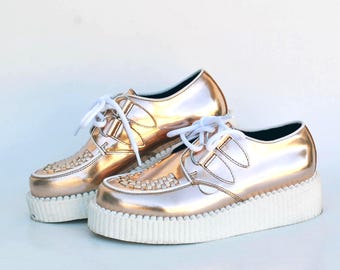 Vintage Rose Gold Platform Creepers Metallic Chunky Sole Lace Up Shoes size eu 36 us 5 uk 3 gothic wear