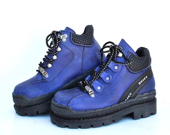 Vintage Blue Leather Platform Hiking Boots – Chunky Lug Sole – Unisex Outdoor Style Shoes size eu 39 uk 6 us 8