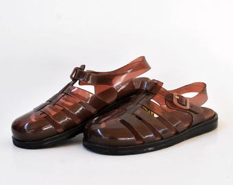 Vintage bruna gelésandaler, genomskinliga fiskarsandaler storlek EU 38 US 7 UK 5, 90-tals retro Y2K-strandskor med bur
