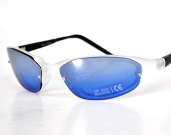 Vintage Blaue Linse Sport Sonnenbrille Klare Rahmen Wrap Style Y2K Schild Brille