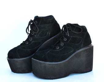 Vintage 90s Black Platform Wedge Sneakers – Goth Cyber Rave Chunky Shoes size eu 39 uk 6 us 8