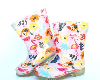 Stivali da pioggia colorati per bambini – Stivali di gomma con stampa floreale e fenicotteri – Stivali di gomma impermeabili per bambini – Scarpe da pioggia divertenti