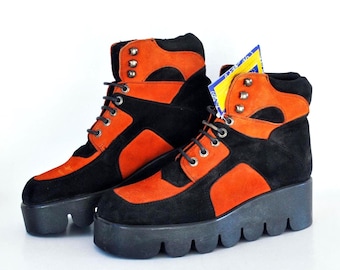 Y2K Platform Ankle Boots Black Orange Suede | Chunky Retro Lace Up Boots | 90s Streetwear Shoes size eu 39 uk 6 us 8