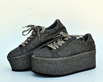 Glitter Platform Sneakers • Y2K Chunky Shoes • Silver Platform Trainers • 90s Rave Shoes • Statement Platform Sneakers