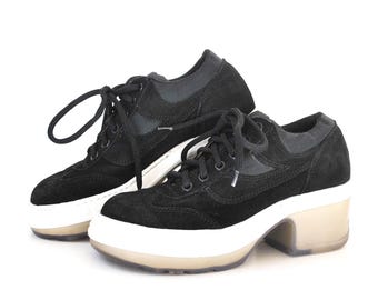 Black Platform Sneaker Heels – Vintage Chunky Sole Shoes, Y2K 90s 2000s Street Style, Retro Lace Up Footwear size eu 37 uk 4 us 6