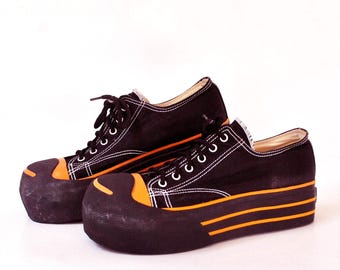 Y2K Platform Sneakers – Chunky Black Platform Shoes with Orange Details, Alt Cyber Punk Style Footwear size eu 40 uk 7 us 9