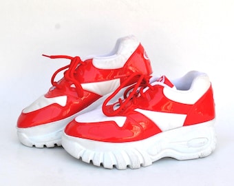 Y2K Platform Sneakers White Red – Chunky Rave Shoes – 90s Club Kid Platform Trainers – Cyber Y2K Streetwear size eu 39 uk 6 us 8