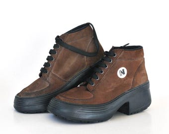 Vintage Brown Suede Platform Ankle Boots – Chunky 90s Y2K Lace Up Boots, Retro Alternative Street Style Shoes size eu 38 uk 5 us 7