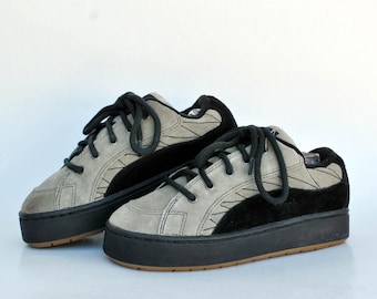 Vintage Beige Suede Platform Sneakers Black Panel Gum Sole Y2K Shoes size eu 38 uk 6 us 8