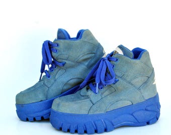 Vintage Y2K Platform Sneakers Blue | Chunky Rave Shoes | 2000s Goth Cyber Platform Trainers size eu 37 uk 4 us 6 shoes