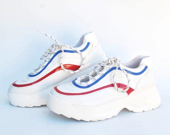 Chunky Platform Sneakers – White Color Block Sneakers – Retro Sport Style Shoes – Unisex Streetwear Footwear size eu 39 uk 6 us 8