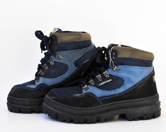 Vintage vandringskängor, mocka, läder, vandringskängor, 90-tals, utomhus, blå bergsklättringsskor, unisex, storlek EU 37 UK 4 US 6