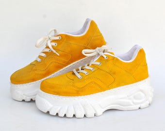 Vintage Yellow Platform Sneakers Chunky Sole Y2K Streetwear Shoes size eu 36 uk 3 us 5