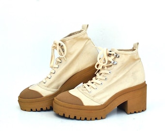 Beige Canvas Platform Boots Chunky Heel Lace-Up Ankle Retro 90s Style High Sole Shoes Y2K Streetwear Grunge Footwear size eu 38 uk 5 us 7